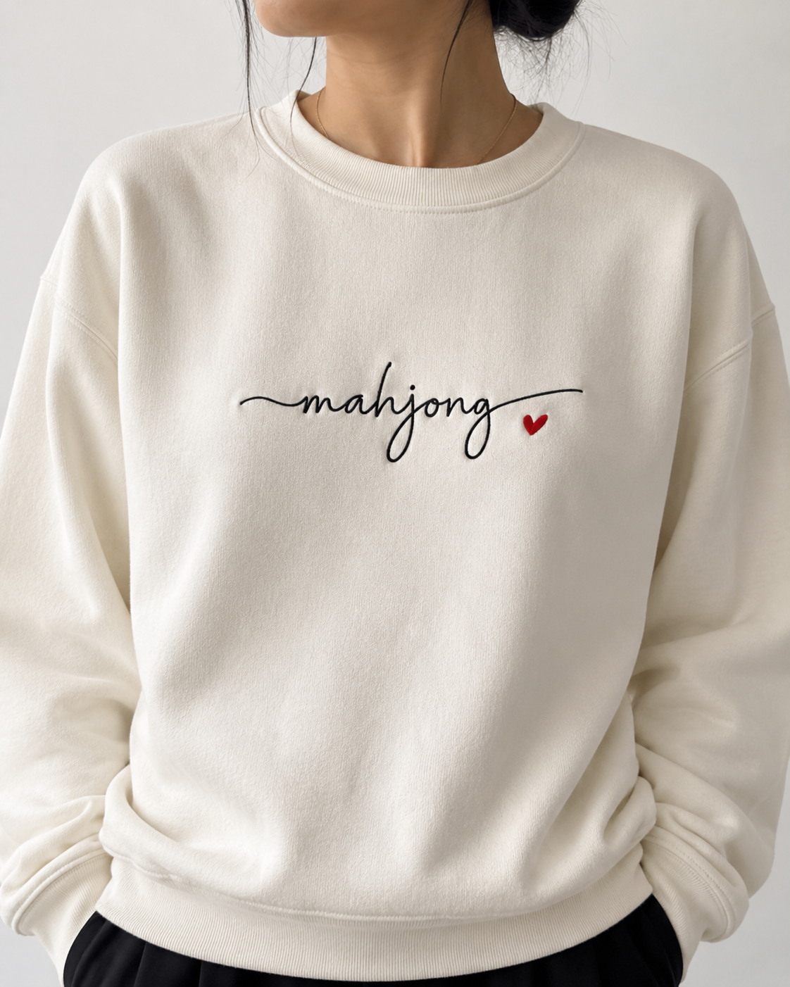 Mahjong Heart Embroidered Long Sleeve Crew Neck