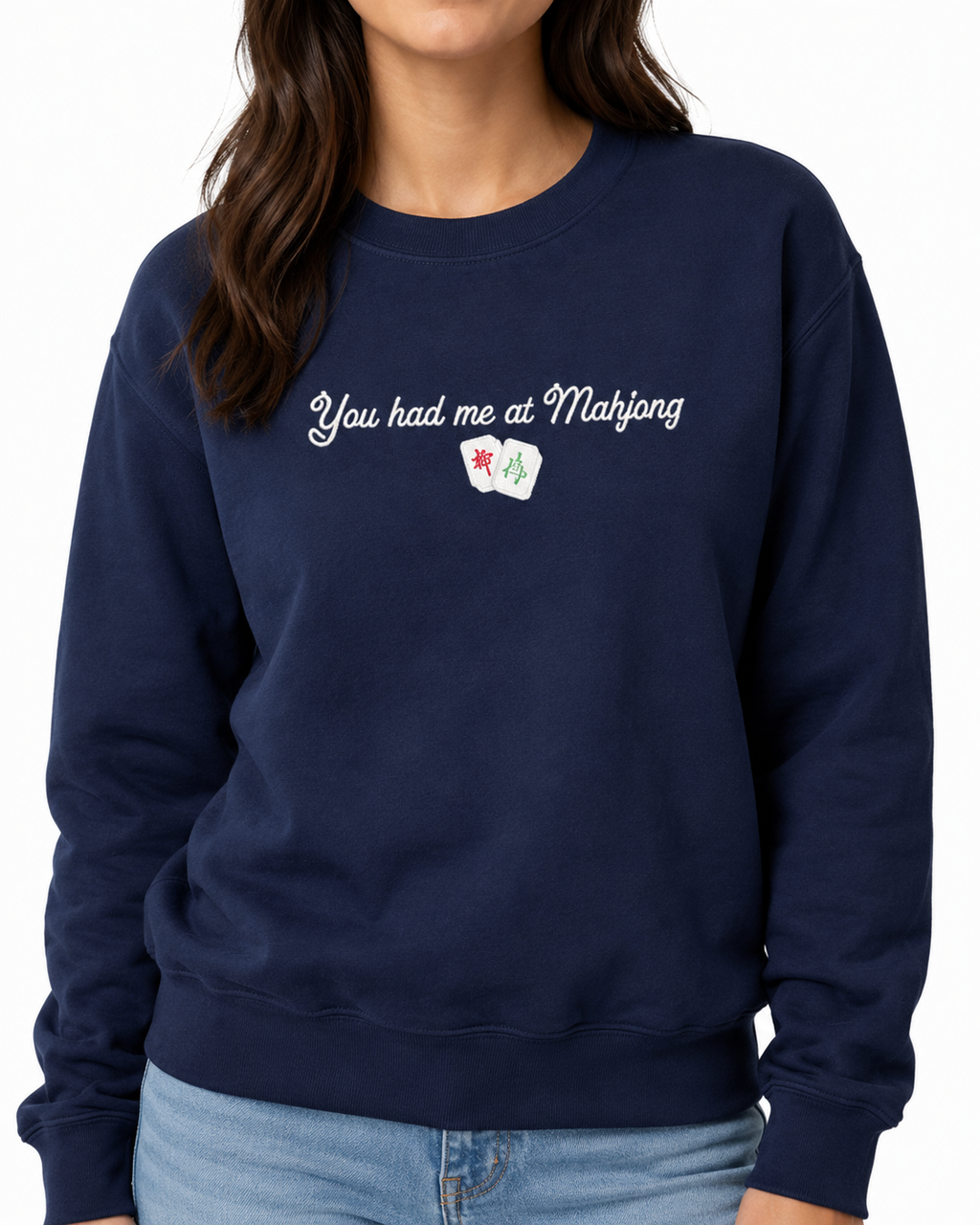 You Had Me At Mahjong Embroidered Long Sleeve Crew Neck