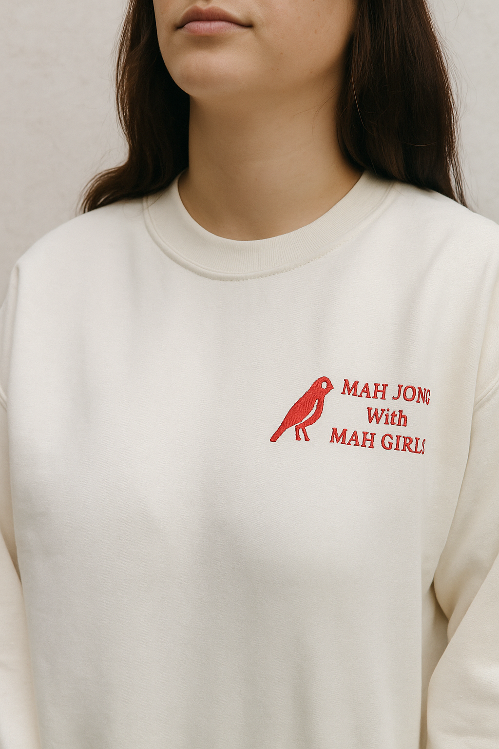 Mahjong with Mah Girls Embroidered Long Sleeve Crew Neck